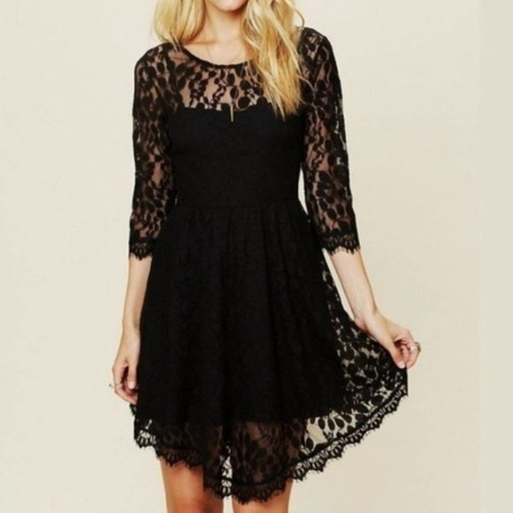 Free People Floral Lace Scallop Edge 3/4 Sleeve Fit & Flare Mini Dress Size 2 - Picture 1 of 6
